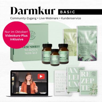 Darmkur BASIC: Community-Zugang, Live-Webinare und Kundenservice. Nur im Oktober: Videokurs-Plus inklusive.