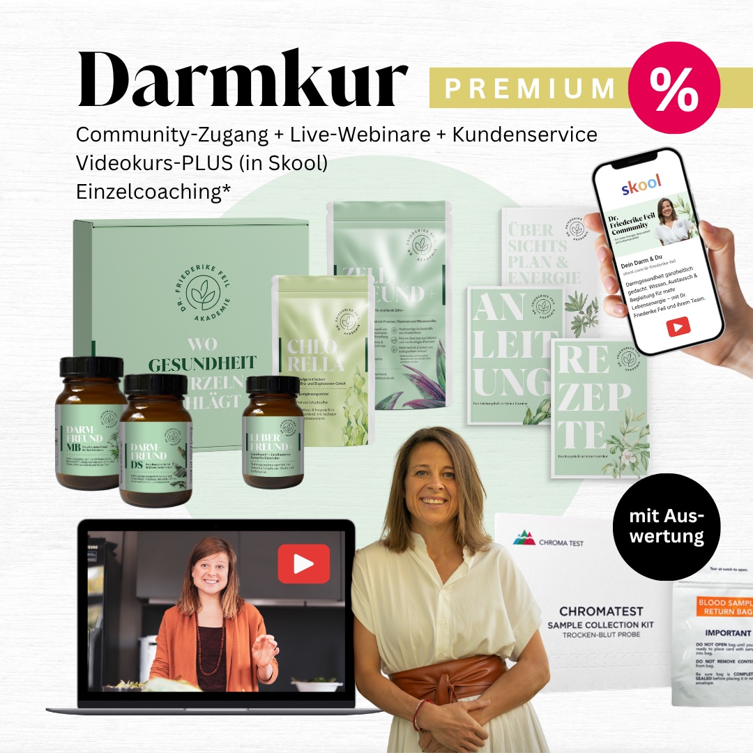 Darmkur PREMIUM: Community-Zugang, Live-Webinare, Kundenservice, Videokurs-PLUS in Skool und Einzelcoaching, mit Chromatest und Auswertung. Oktober-Angebot.